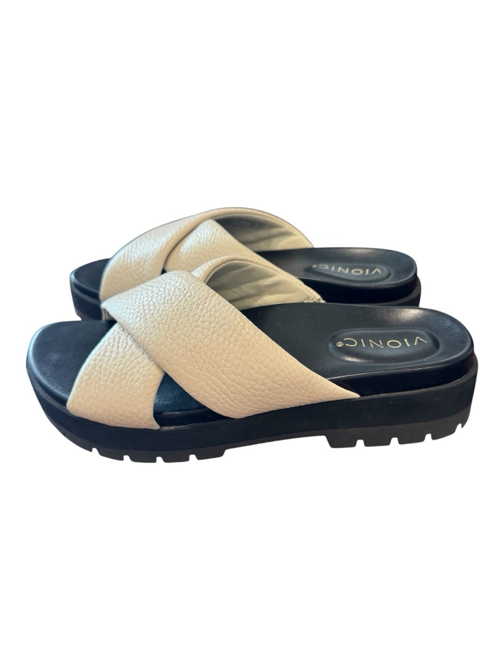 Vionic Vesta Platform Leather Lug Ivory Slide Sandal Shoe Comfort Women Size 9